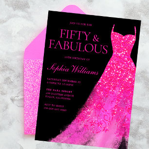 Hot Pink Sparkle Gown & Black 50th Birthday Party  Invitation