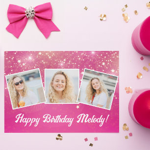 Hot Pink Sparkle Photo Collage Girls Birthday Card