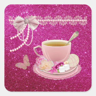 Hot Pink Sparkle Tea Party Custom Square Stickers