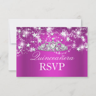 Hot Pink Sparkle Tiara & Stars Quinceanera RSVP Card