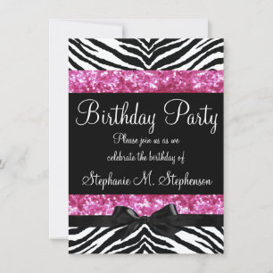 Hot Pink Sparkle Zebra Girl's Birthday Invitation