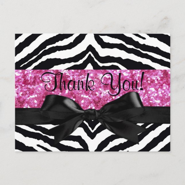 Hot Pink Sparkle Zebra Girly Girl Thank You Note Postcard (Front)