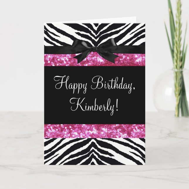Hot Pink Sparkle Zebra Girly Girl's Card (Front)