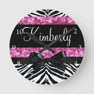 Hot Pink Sparkle Zebra Girly Girl's Round Clock