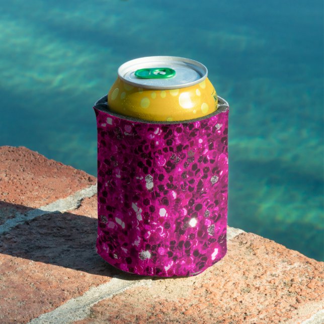 Hot pink sparkles faux glitter can cooler (In Situ Pool)