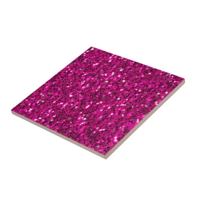 Hot pink sparkles faux glitter ceramic tile (Side)