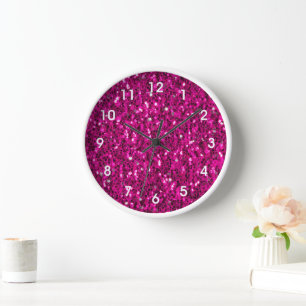 Hot pink sparkles faux glitter clock