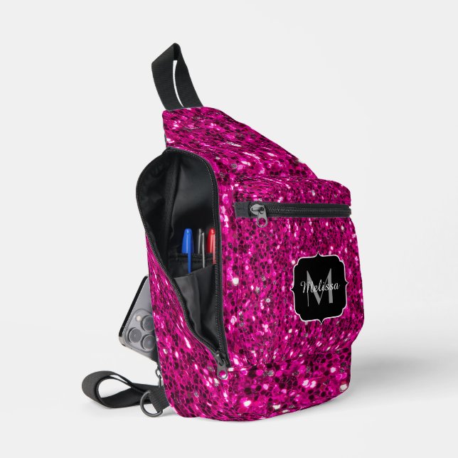 Hot pink sparkles faux glitter Custom Monogram Sling Bag (Open)