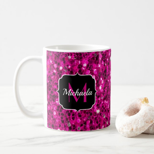 Hot pink sparkles faux glitter Monogram Coffee Mug (With Donut)