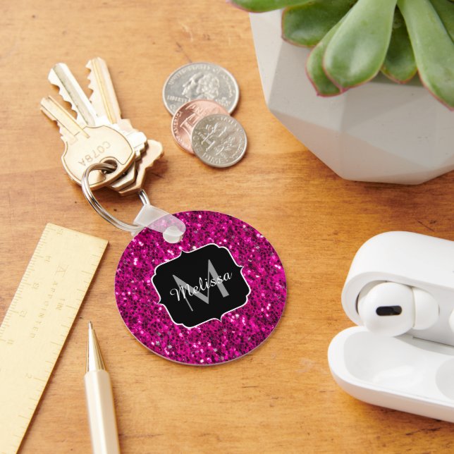 Hot pink sparkles faux glitter Monogram Key Ring (Desk)