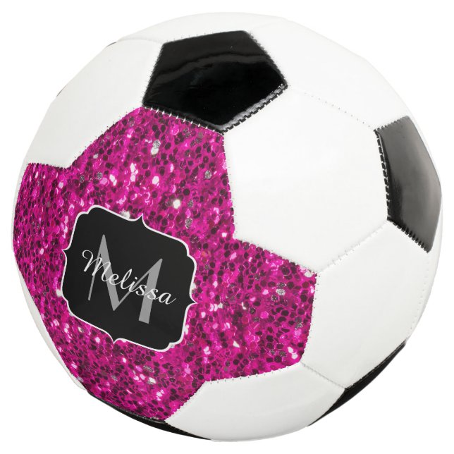 Hot pink sparkles faux glitter Monogram Soccer Ball (Three Quarter)
