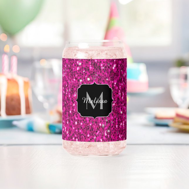 Hot pink sparkles girly bling Custom Monogram Can Glass (Insitu (Birthday))