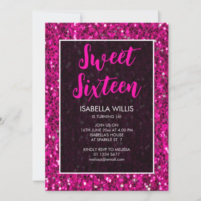 Hot pink sparkles glitter Sweet 16 elegant script Invitation (Front)