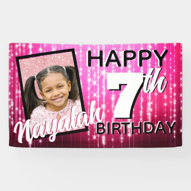 Hot Pink Sparkles| Monogram| AGE| Photo Birthday Banner (Horizontal)