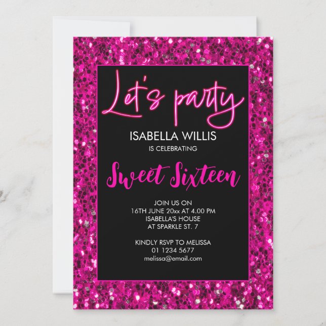Hot pink sparkles Sweet 16 neon lets party  Invitation (Front)
