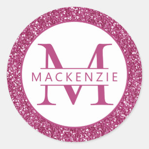Hot Pink Sparkly Glitter Personalised Name Classic Round Sticker