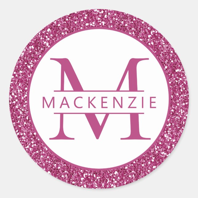 Hot Pink Sparkly Glitter Personalised Name Classic Round Sticker (Front)