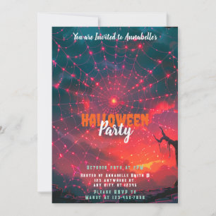 Hot Pink Spiderweb Sunset Creepy Halloween Party Invitation