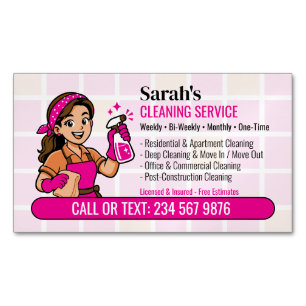 Hot Pink Spray Bottle Maid Insured House Cleaning Magnetic Business Card