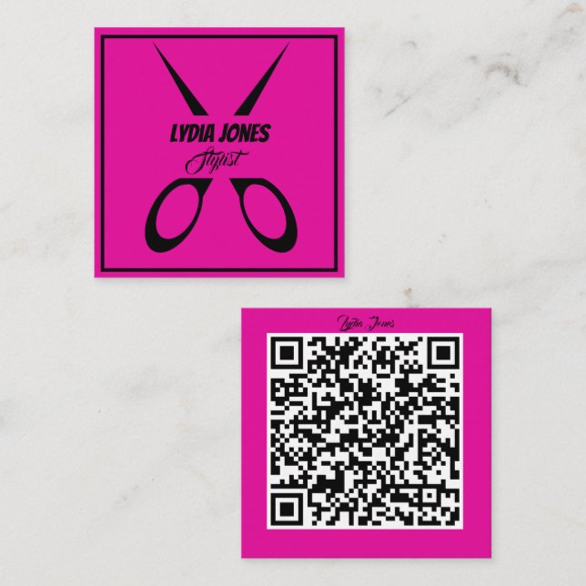 Hot Pink Square Stylist Business Card with QR Code (Front/Back)