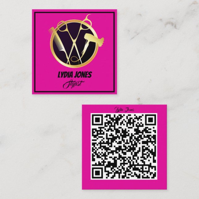 Hot Pink Square Stylist Business Card with QR Code (Front/Back)