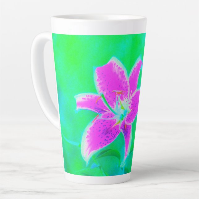 Hot Pink Stargazer Lily on Turquoise and Green Latte Mug (Left Angle)