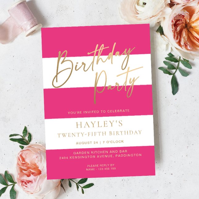 Hot Pink Stripe Birthday Foil Invitation (Creator Uploaded)