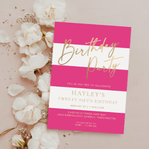 Hot Pink Stripe Gold Birthday Invitation