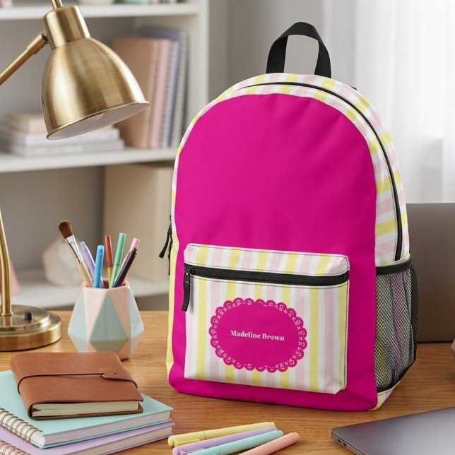 Hot Pink  Striped Stylish Girly Back to School Printed Backpack (Creator Uploaded)
