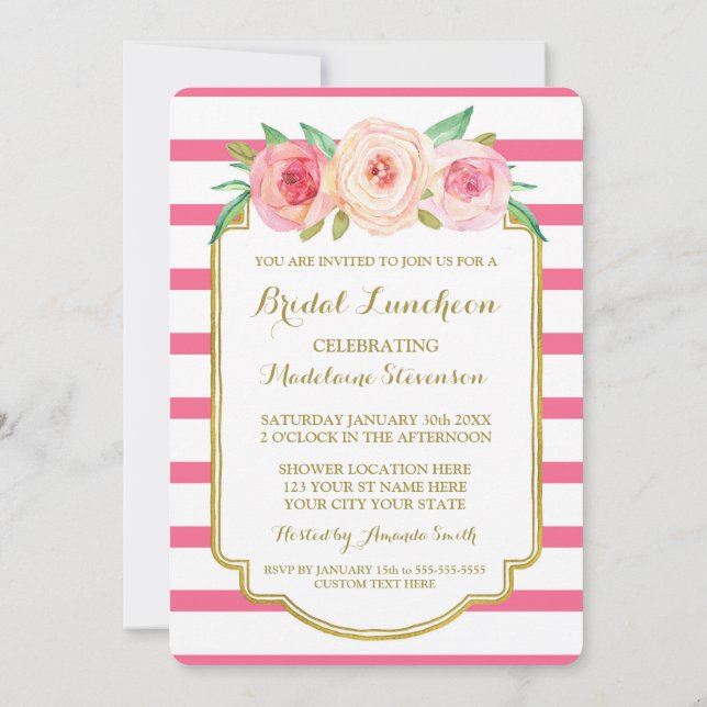 Hot Pink Stripes Gold Pink Floral Bridal Lunch Invitation (Back)