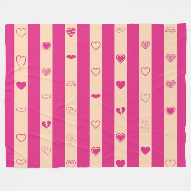 Hot Pink Stripes Modern Heart Pattern Fleece Blanket (Front (Horizontal))