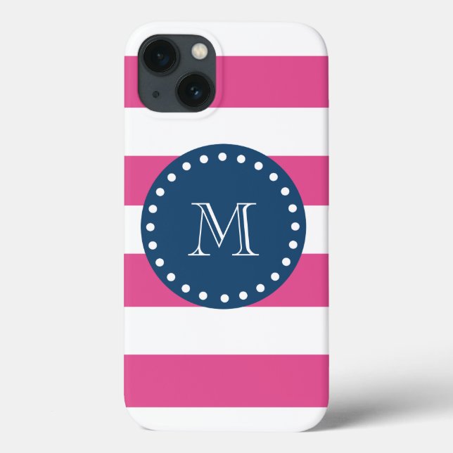 Hot Pink Stripes Pattern, Navy Blue Monogram Case-Mate iPhone Case (Back)
