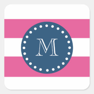 Hot Pink Stripes Pattern, Navy Blue Monogram Square Sticker