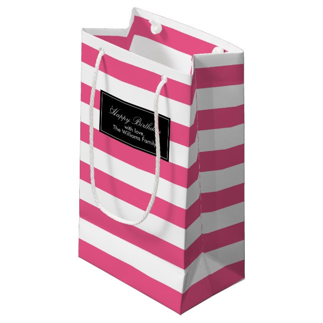 Hot Pink Stripes Pattern Personalised Small Gift Bag (Front Angled)