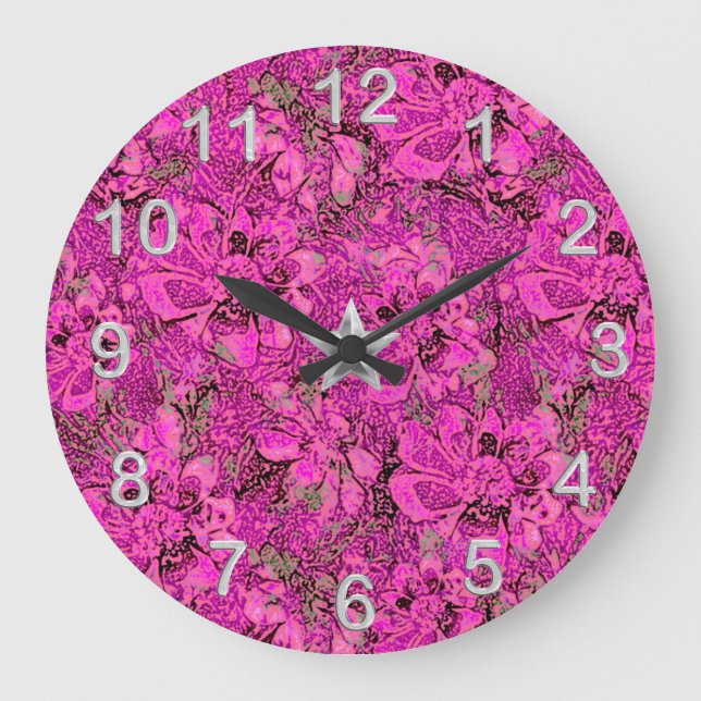 Hot Pink Stylised Floral with Silvery Accents Large Clock (Front)