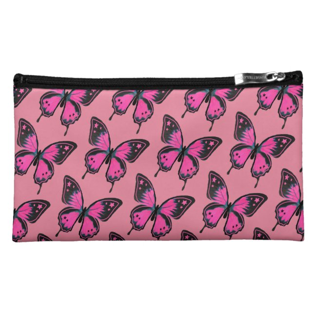 Hot Pink Suede Butterflies Cosmetic Bag (Front)