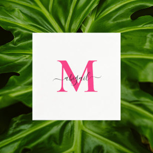 Hot Pink Swash Script White Cocktail  Napkin