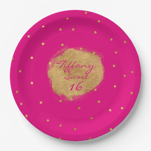 Hot Pink Sweet 16 Custom Party Paper Plates (Front)