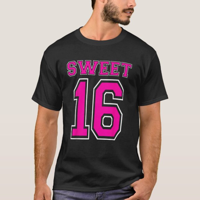 Hot Pink Sweet 16 Girls 16th Birthday Party Jersey T-Shirt (Front)