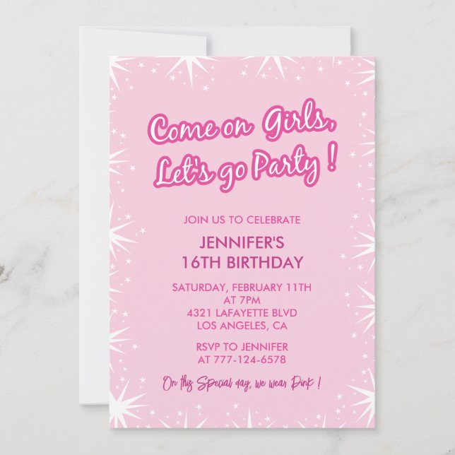 Hot pink sweet 16 invitations calligraphy girly (Front)
