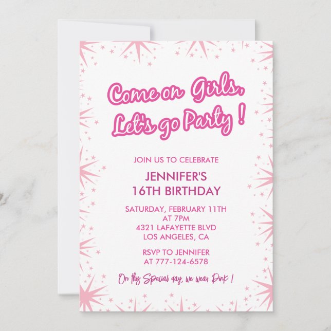 Hot pink sweet 16 invitations Glow Girly Stars (Front)