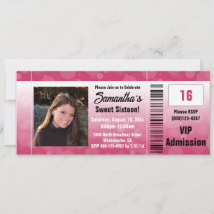 Hot Pink Sweet Sixteen Photo Ticket Invitation