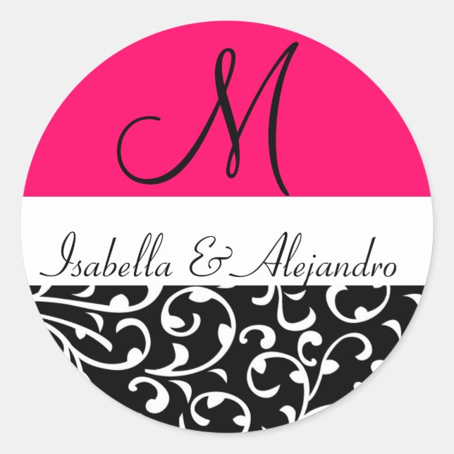 Hot Pink Swirl Damask Monogram Wedding Stickers (Front)