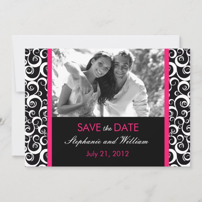 Hot Pink Swirl Photo Save the Date (Front)