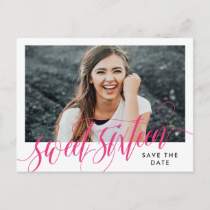 Hot Pink Swirly Sweet Sixteen Save the Date Postcard