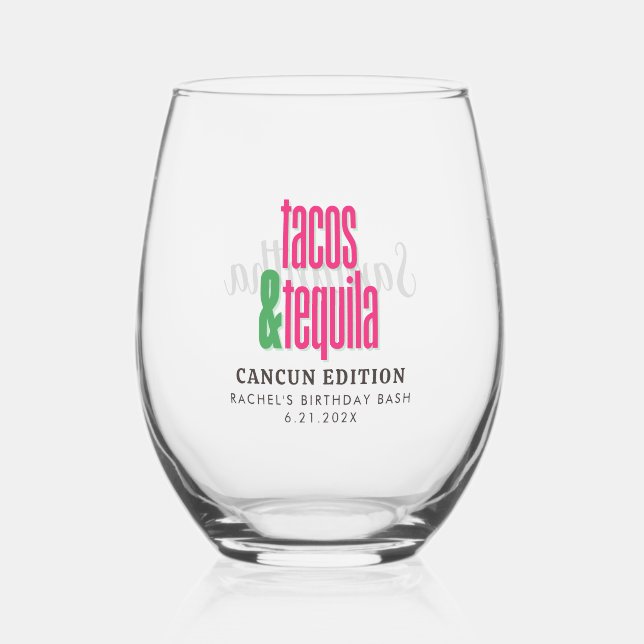 Hot Pink Tacos Birthday Bachelorette Bridal Shower Stemless Wine Glass (Front)