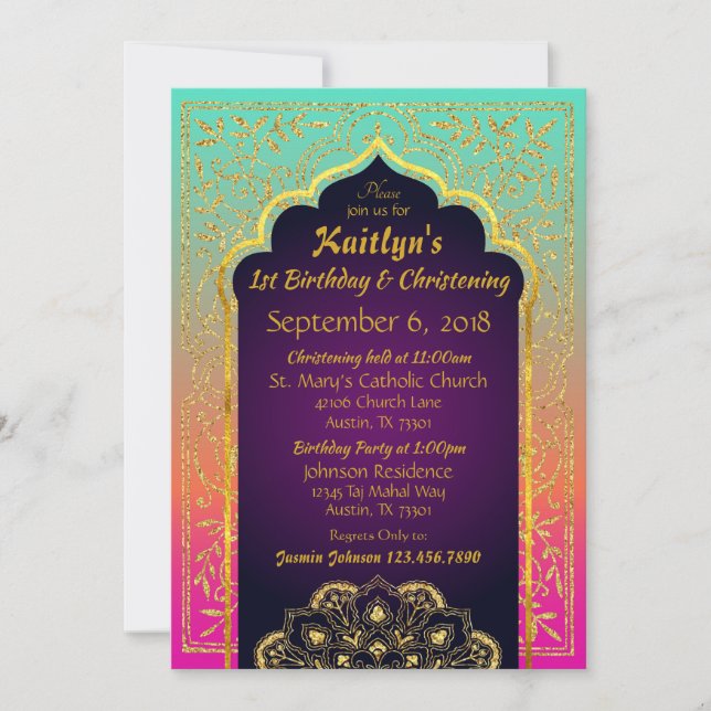 Hot Pink Tangerine Aqua Bollywood Arabian Nights Invitation (Front)