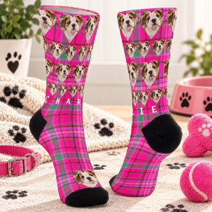 Hot Pink Tartan Plaid Custom Pet Photo Socks