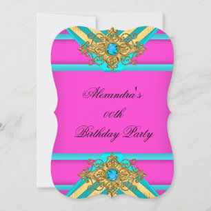 Hot Pink Teal Birthday Party Jewel Gold Striped Invitation
