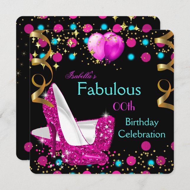 Hot Pink Teal Blue High Heels Birthday Party Invitation (Front/Back)